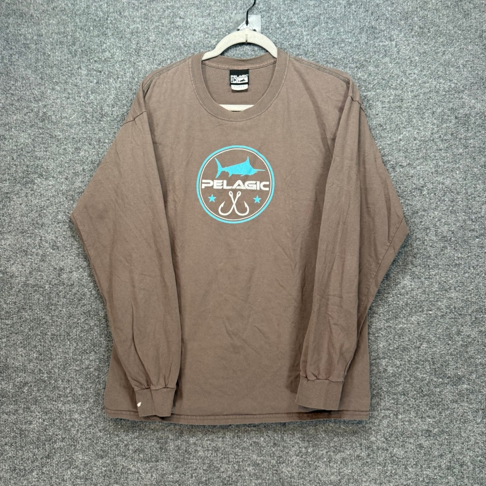 Pelagic Long‎ Sleeve Tshirt Mens Large Brown Marlin Logo High Performance Gear